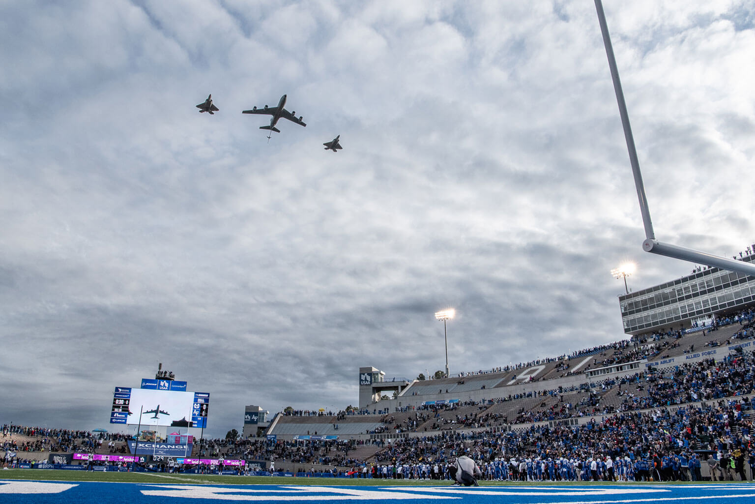 A pre-game flyover at the U.S. Air Force Academy's Falcon Stadium. A pre-game flyover at the U.S. Air Force Academy's Falcon Stadium.
