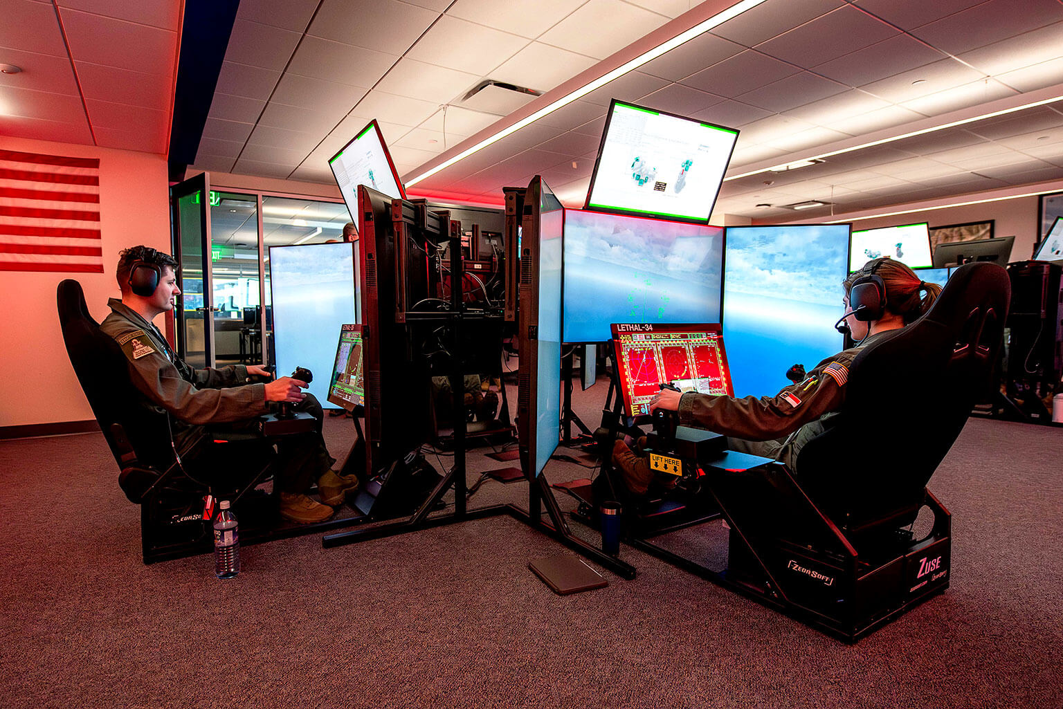U.S. Air Force Academy first-class cadets fly simulators in the Multi-Domain Laboratory.