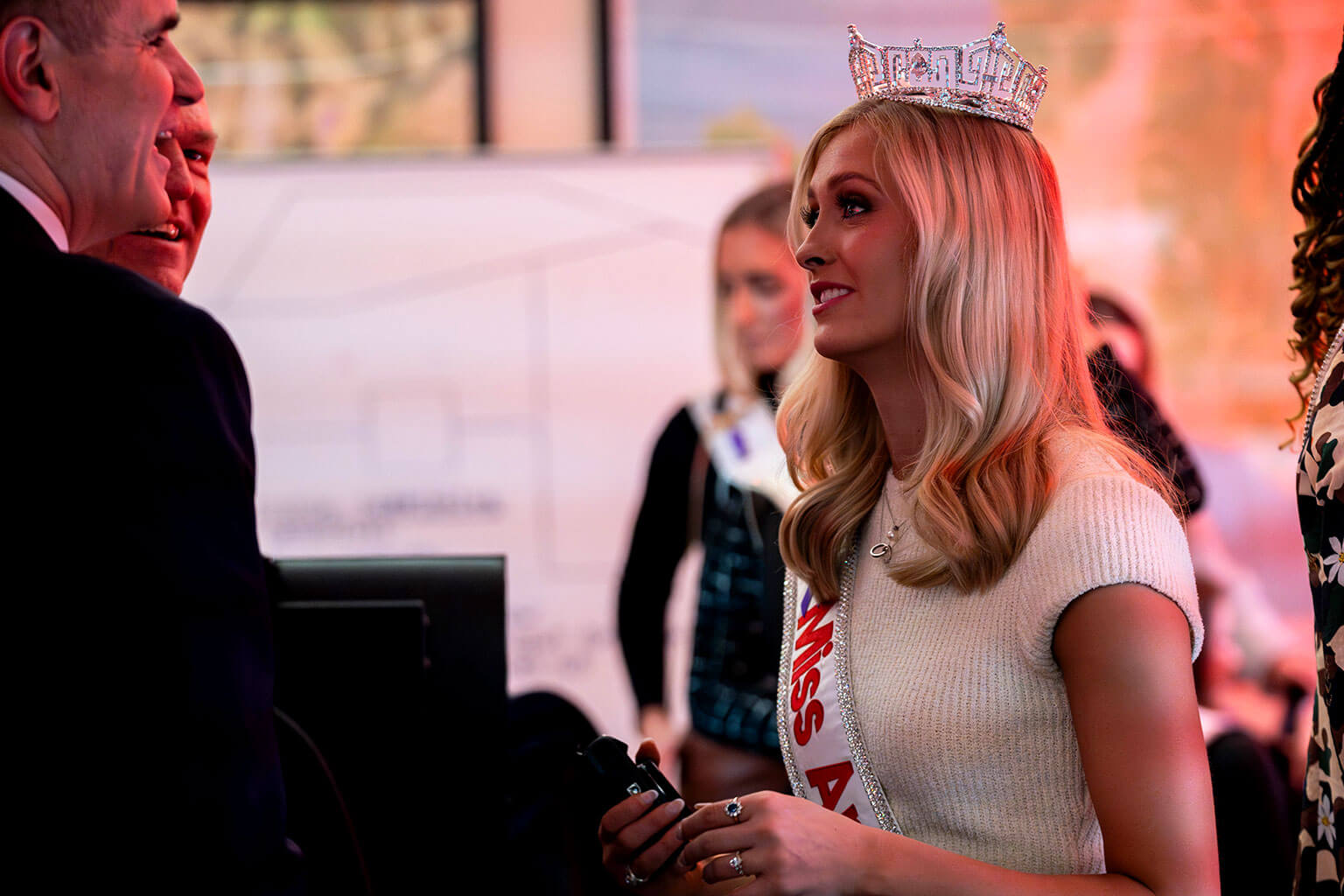 Miss America 2nd Lt. Madison Marsh talks to Institute of Future Conflict Director Bradford J. Shwedo.