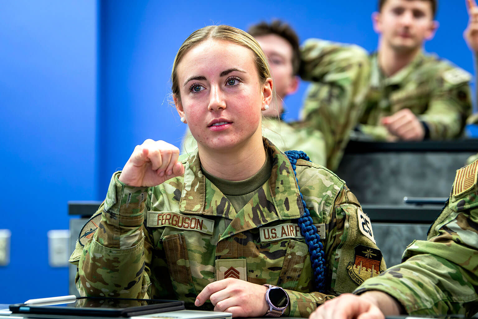 Cadet 2nd Class Edie Ferguson listens to instructor Capt. Lucas Vowell’s lesson.