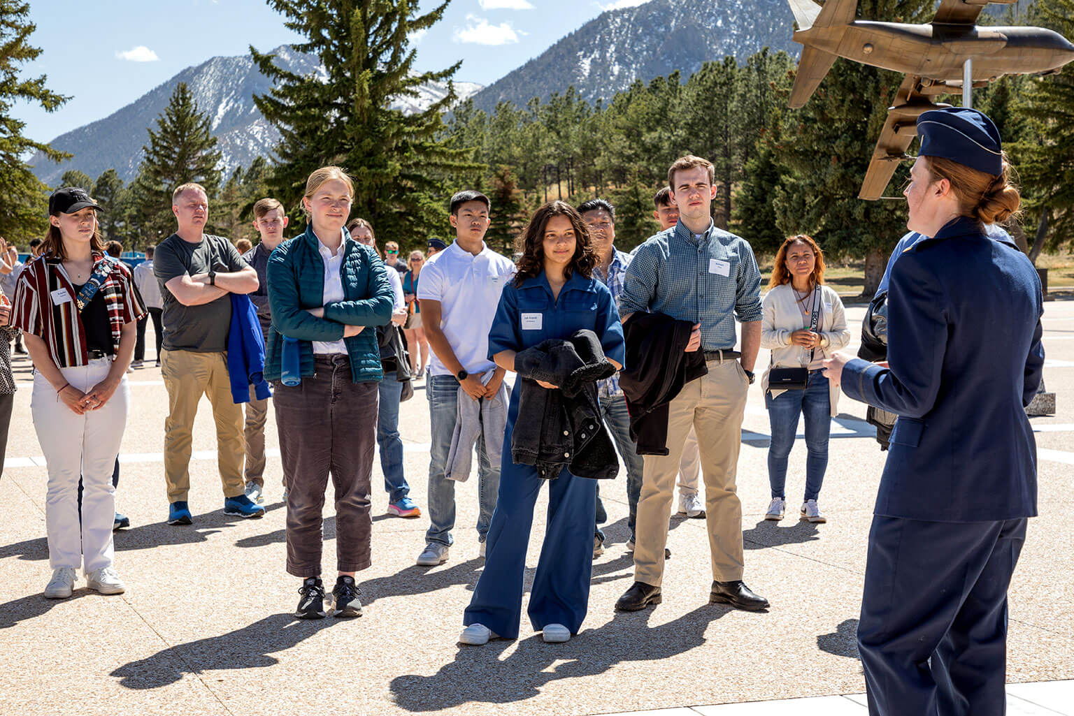 U.S. Air Force 2nd Lt. Claire Rexroad, Class of ’23, speaks to prospective cadets during a tour of the Terrazzo.