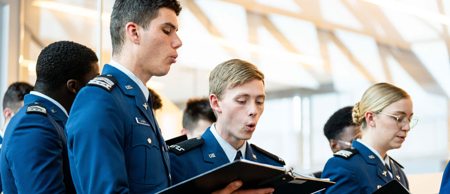 Members of the U.S. Air Force Academy Cadet Chorale perform in Polaris Hall.