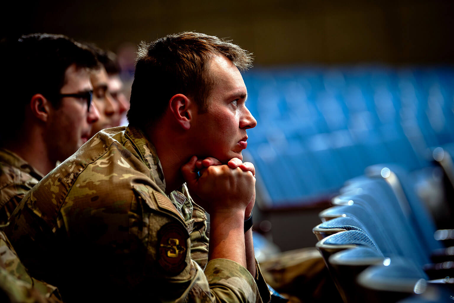 U.S. Air Force Academy cadets listen to Wounded Warrior Project’s Warriors Speak spokesperson Tonya Oxendine during her fireside chat at the National Character and Leadership Symposium Bridge Event in Arnold Hall Theater.