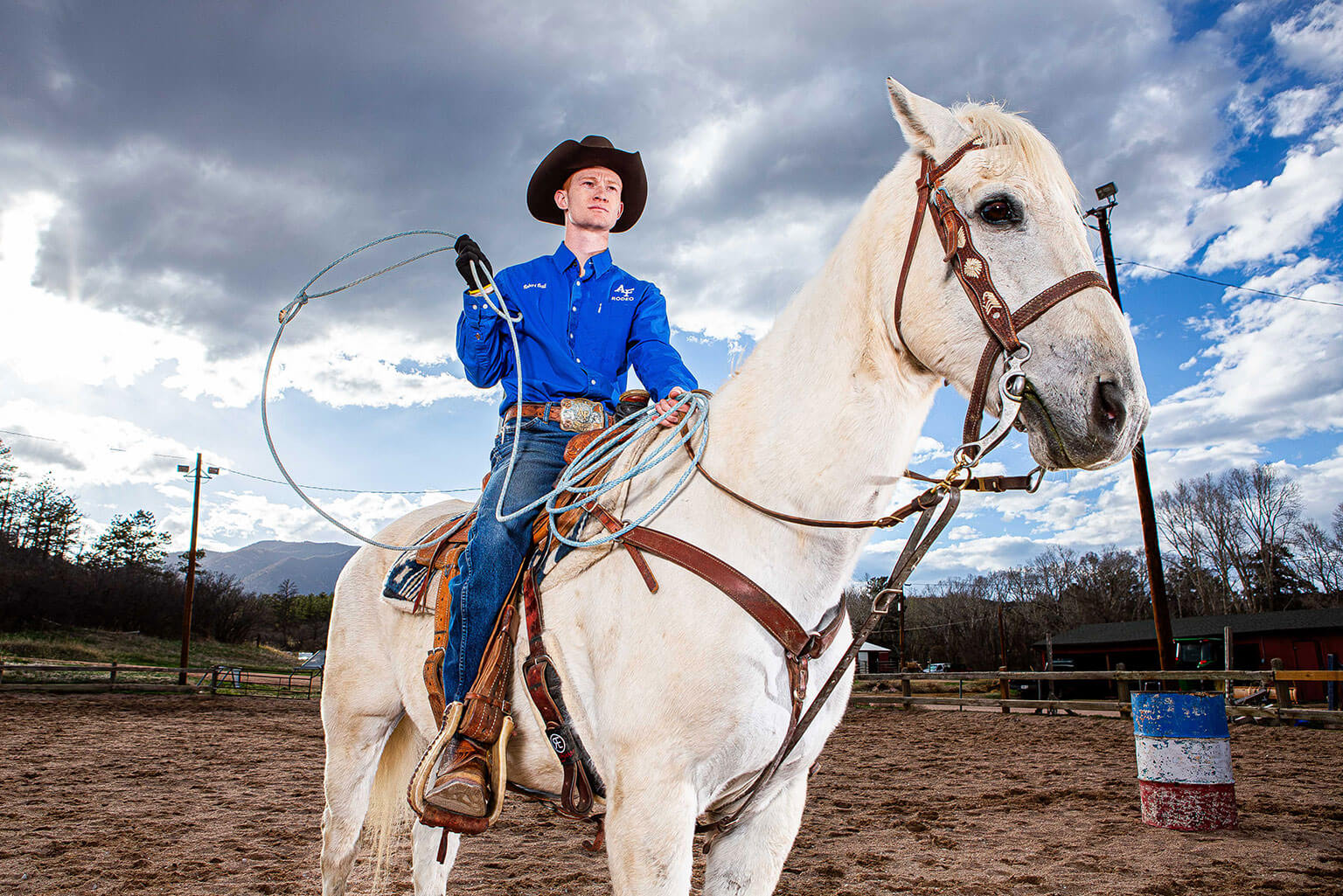 Cadet 1st Class Robert Ball rides his horse Ferg in the U.S. Air Force Academy Rodeo Club arena.