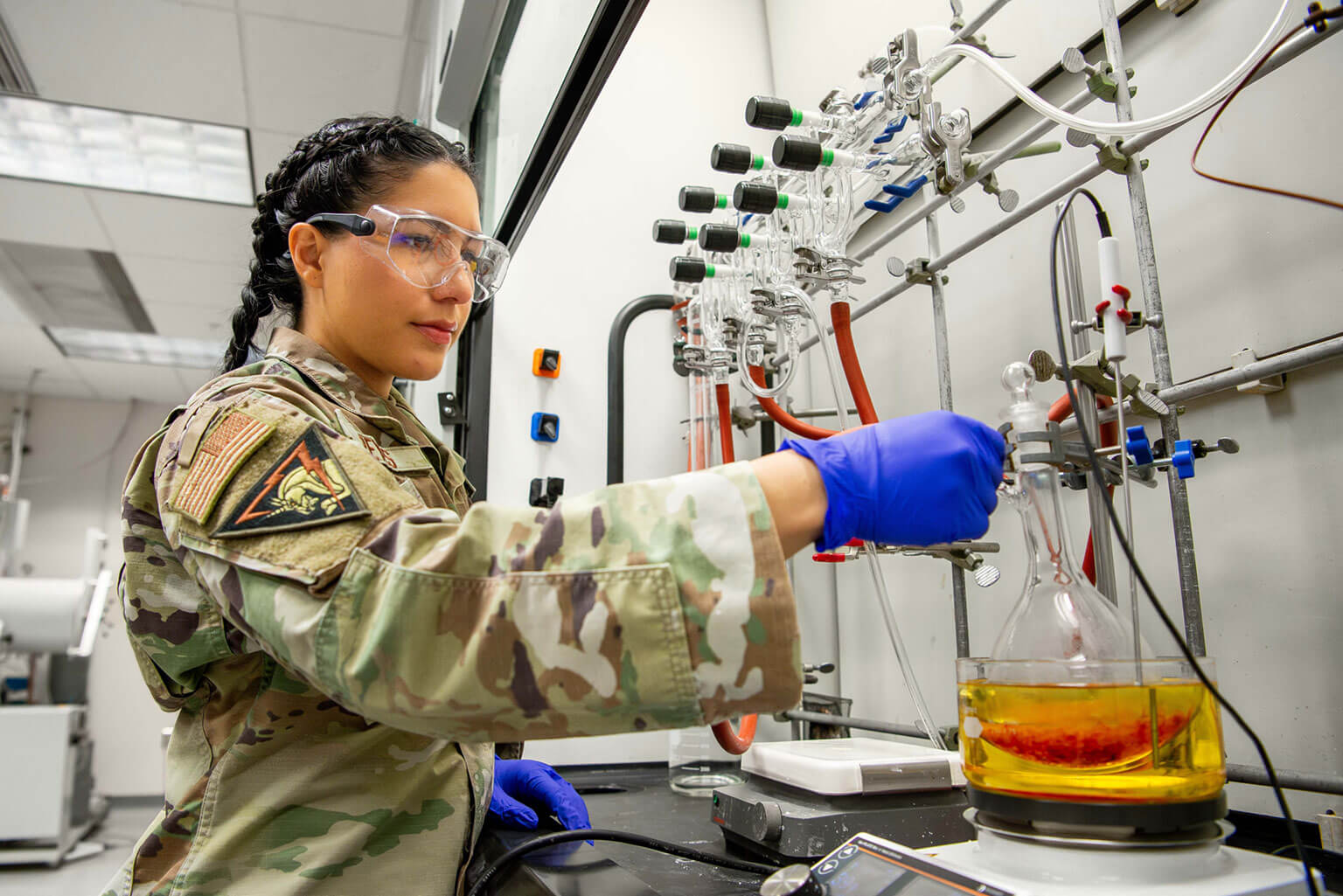 Cadet 1st Class Irisa Reyes works on a research project in the Department of Chemistry, Jan. 22, 2025. U.S. Air Force Academy science, technology, engineering and mathematics programs provide technical and critical-thinking skills our future warfighters need. (U.S. Air Force photo by Dylan Smith)