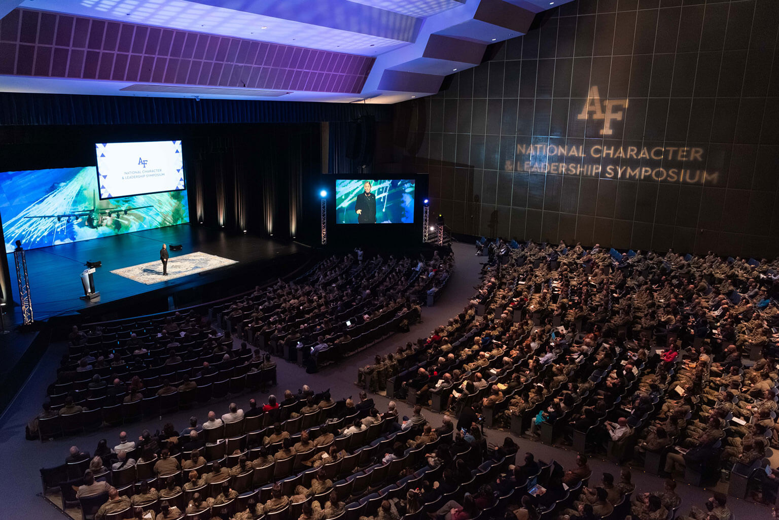 U.S. Air Force Academy cadets, staff, coaches, faculty and command teams attend the annual National Character and Leadership Symposium in Arnold Hall Feb. 20, 2025. NCLS 2026, scheduled for Feb. 20-21, will focus on the theme of courage to lead in the profession of arms. (U.S. Air Force photo by Ray Bahner)