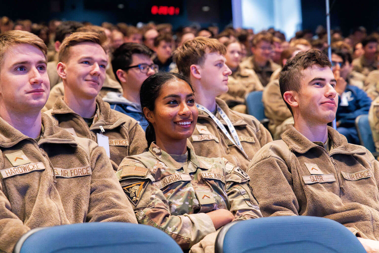 U.S. Air Force Academy cadets attend a National Character and Leadership Symposium presentation in Arnold Hall Feb. 21, 2025. This year, NCLS will offer a speaker lineup focused on the courage to lead in the profession of arms, Feb. 20-21. (U.S. Air Force photo by Trevor Cokley)