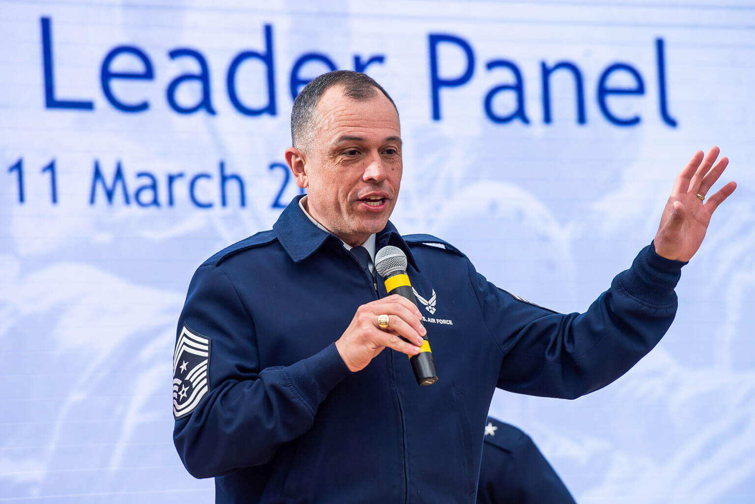 Chief Master Sergeant John C. Alsvig responds to questions during the Senior Leader Panel. Chief Master Sergeant John C. Alsvig responds to questions during the Senior Leader Panel.