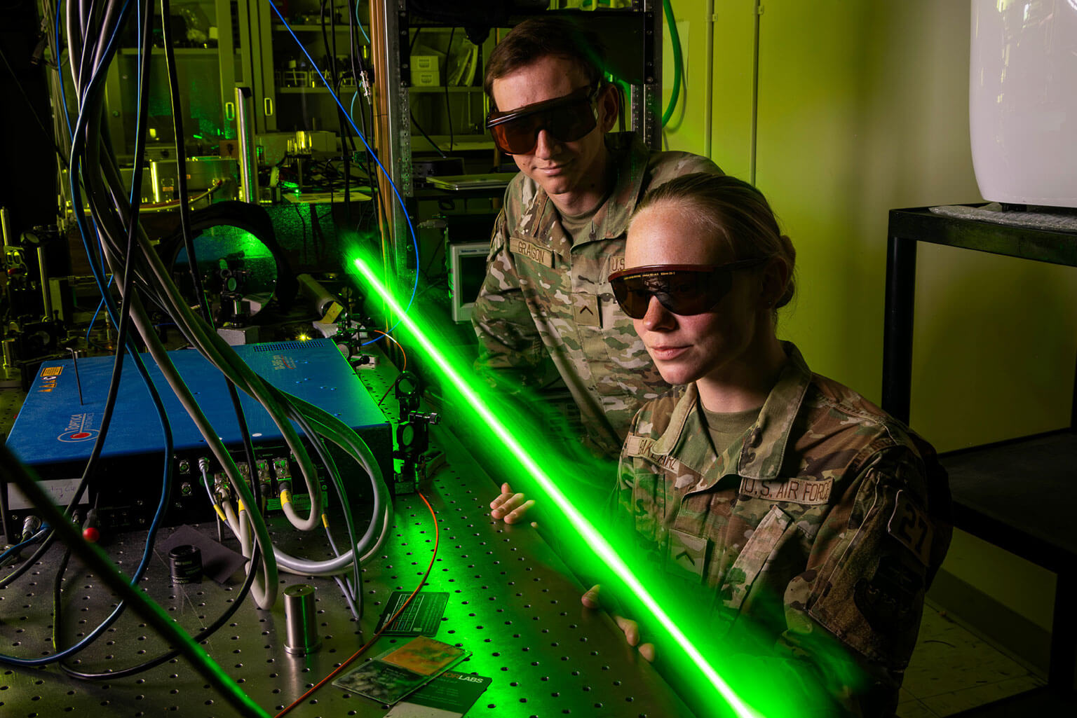 Cadets 2nd Class Jacob Grayson and Ashley Baklarz conduct research in the Laser and Optics Research Center, U.S. Air Force Academy, Colo., April 11, 2025. Across 24 research centers and institutes, cadets have unparalleled opportunities and resources to conduct research that impacts national defense. (U.S. Air Force photo by Trevor Cokley)