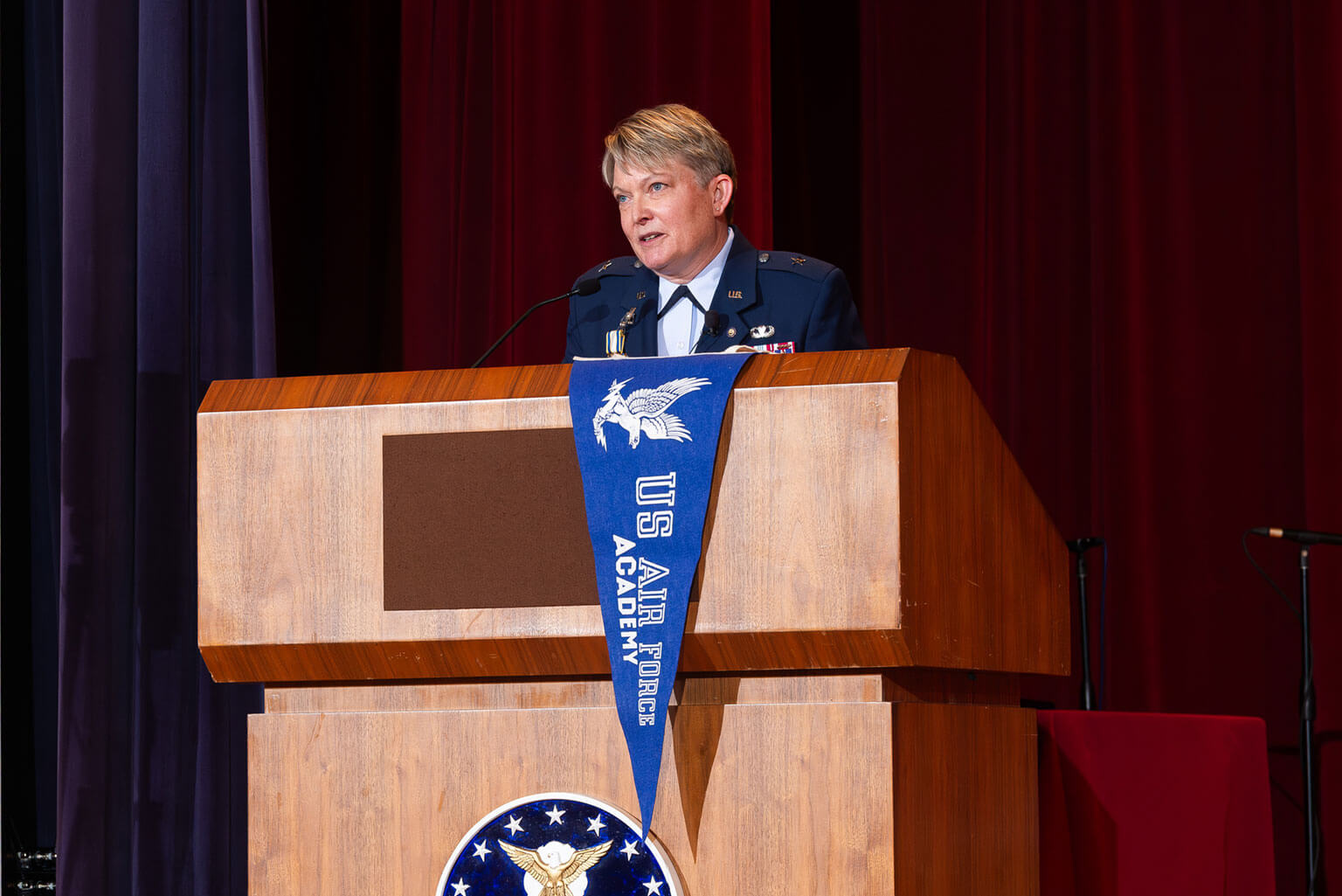 Brig. Gen. Linell Letendre, U.S. Air Force Academy Dean of Faculty, gives a speech during her retirement ceremony at Fairchild Hall.