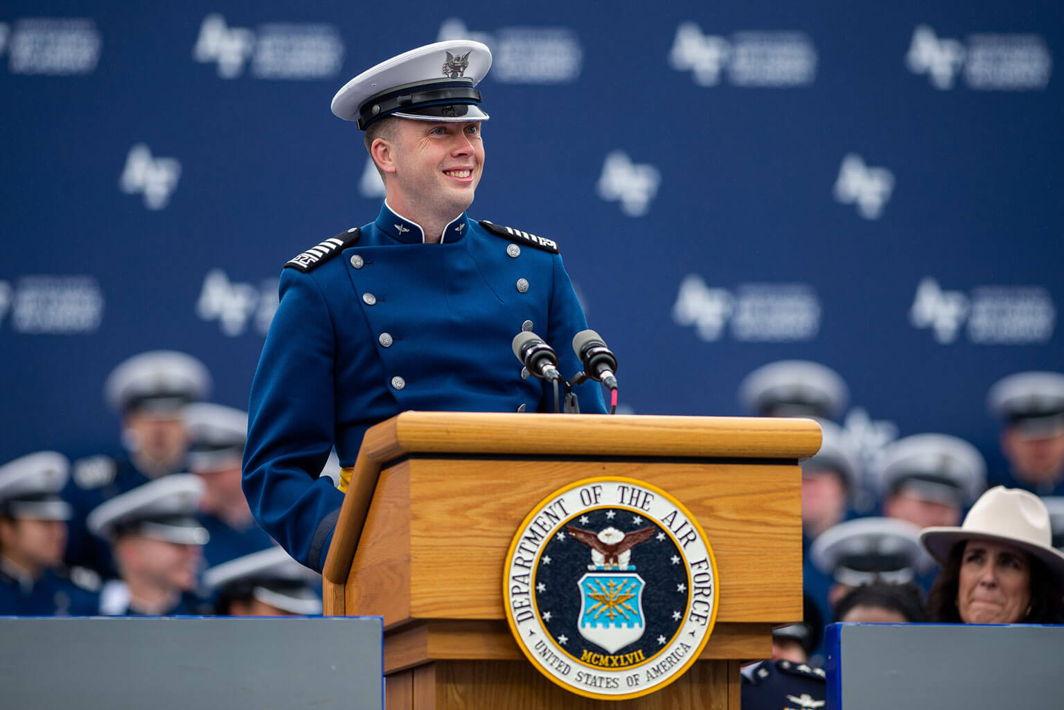 Cadet 1st Class Caleb Kavanaugh, Class of 2025 president, speaks to graduates and audience members during the U.S. Air Force Academy’s 2025 graduation ceremony held at Falcon Stadium.
