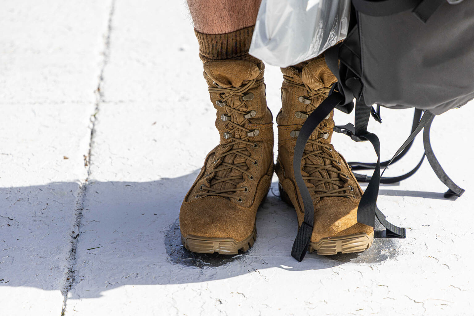 Basic cadets are supposed to stand with their heels together and feet at a 22-degree angle. They perfect this stance using the painted footprint as a guide. (U.S. Air Force photo by Trevor Cokley)