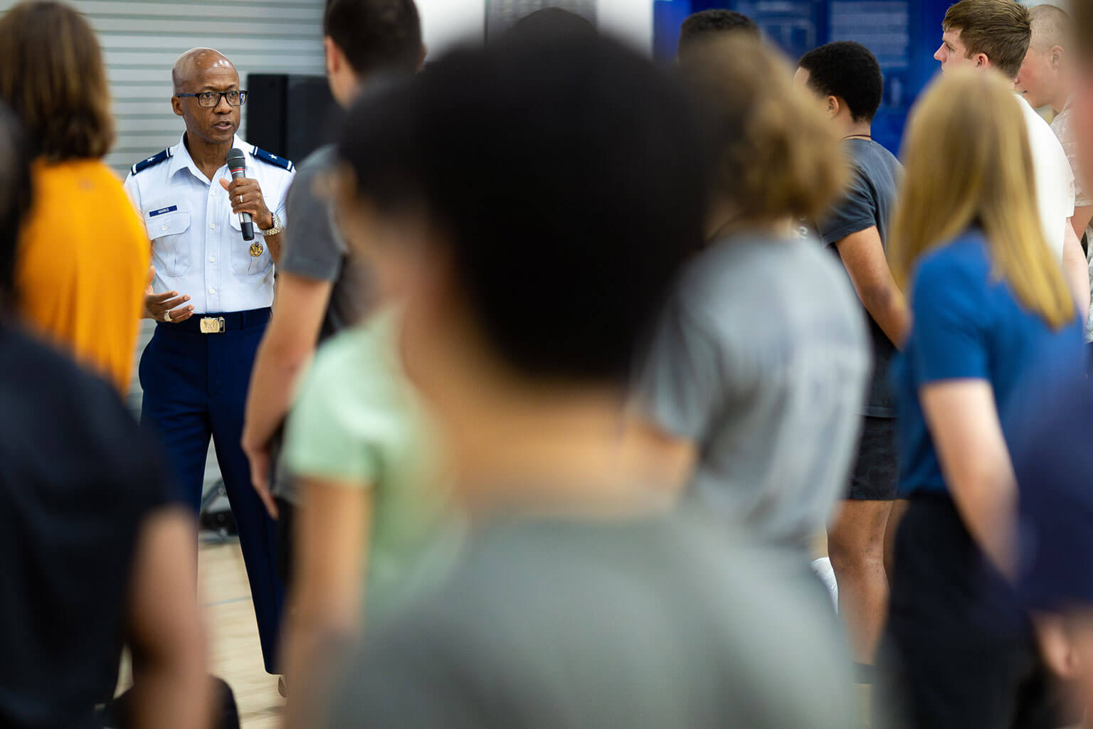 At the Cadet Gymnasium U.S. Air Force Academy Commandant of Cadets Brig. Gen. Gavin Marks talks to Class of 2029 (U.S. Air Force photo by Ray Bahner)