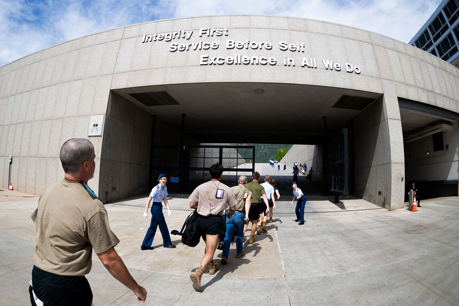 Basic cadets walk up the Core Values Ramp towards the cadet area on In-processing Day. U.S. Air Force photo by Ray Bahner)