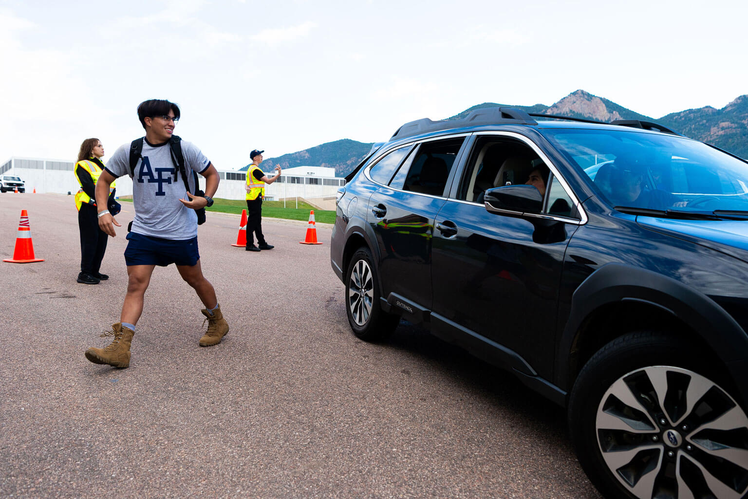 Class of 2029 appointees are dropped off at the Holaday Athletic Center on In-processing Day. Family members and friends cannot exit their vehicle at the drop-off location. (U.S. Air Force photo by Ray Bahner)
