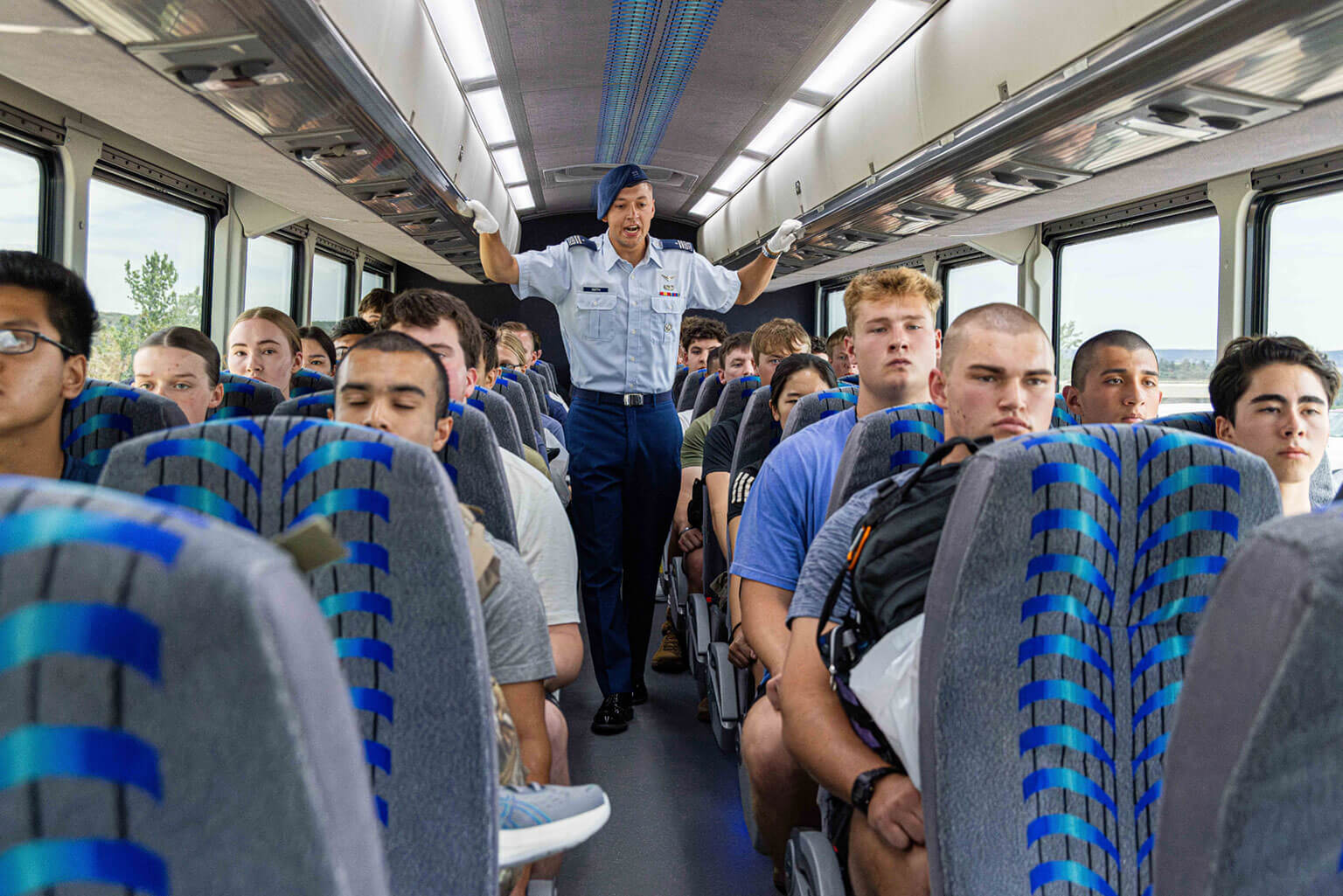 On the bus, the cadet cadre provide instruction on the seven basic responses, which basic cadets are expected to memorize and use. (U.S. Air Force photo by Trevor Cokley)