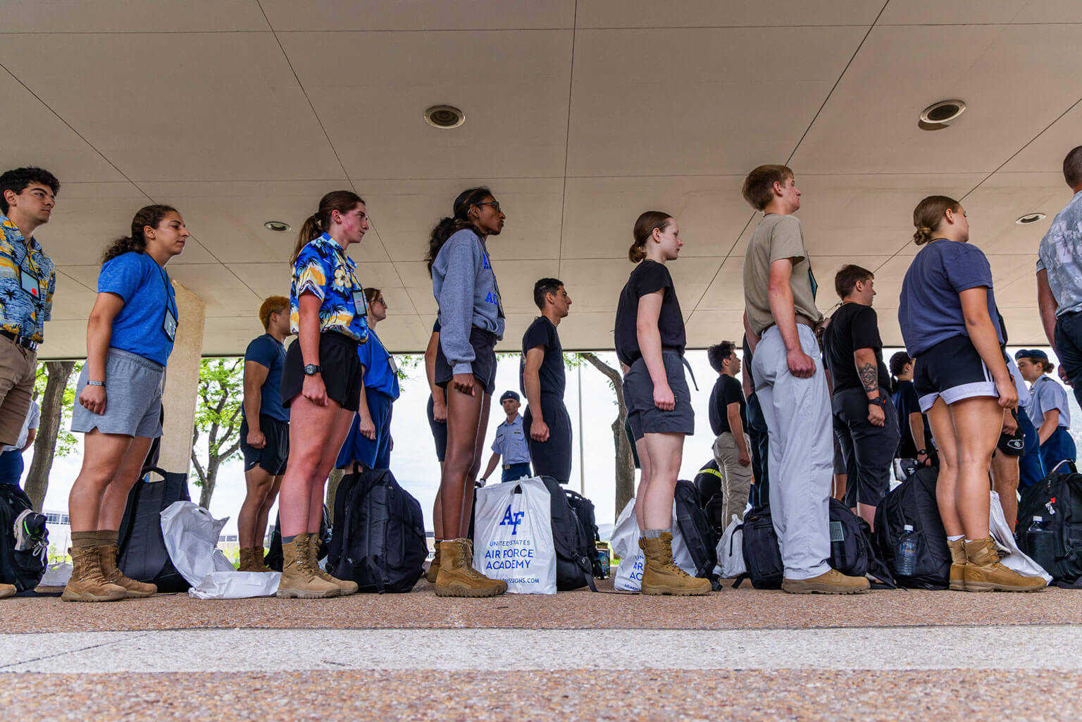 Class of 2029 basic cadets line up to receive their uniforms, U.S. Air Force Academy.
