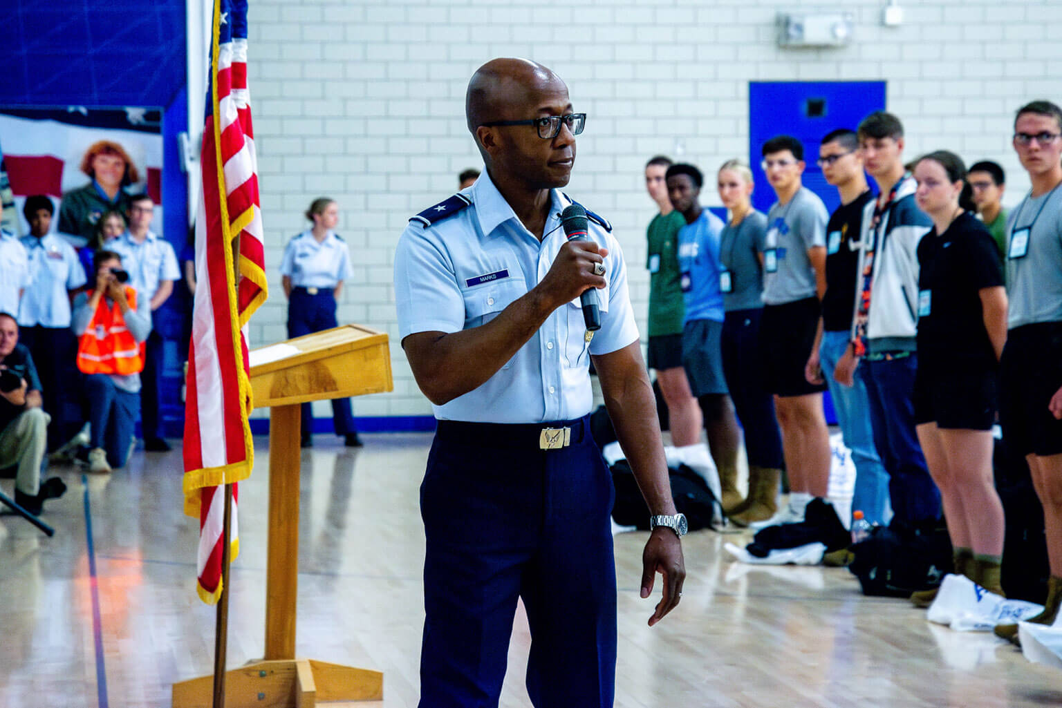 U.S. Air Force Academy Commandant of Cadets Brig. Gen. Gavin Marks talks to Class of 2029 appointees before administering the Oath of Office. (U.S. Air Force photo by Adalyn Greene) 