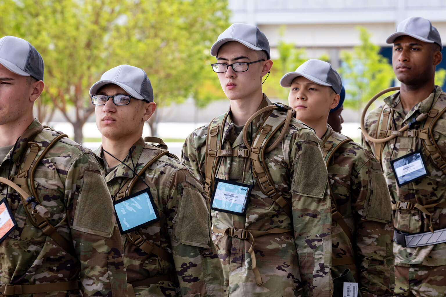 Basic cadets on In-processing Day walk in a straight line along the Terrazzo. For many, this was their first time wearing an Air Force uniform. (U.S. Air Force photo by Jonathan Suni)