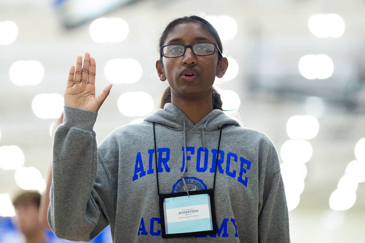 The Class of 2029 takes the Oath of Office. At this point they are no longer appointees but rather basic cadets. (U.S. Air Force photo by Ray Bahner)