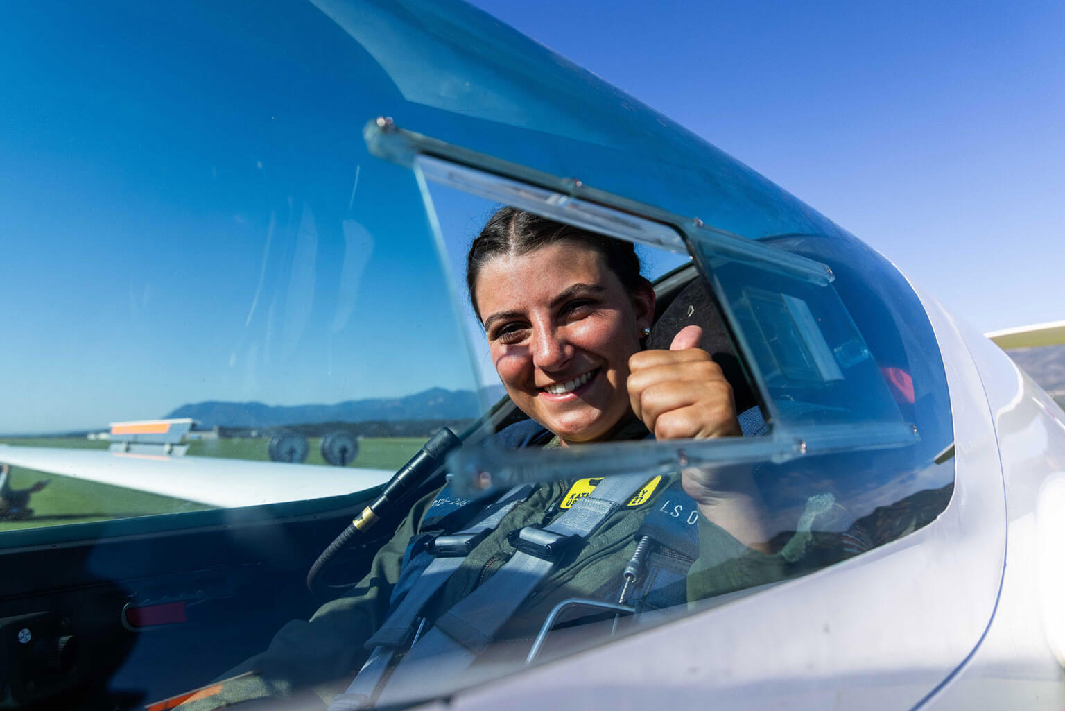 Cadet 2nd Class Katherine Daley is prepared for takeoff in a TG-16 glider at Davis Airfield, U.S. Air Force Academy.