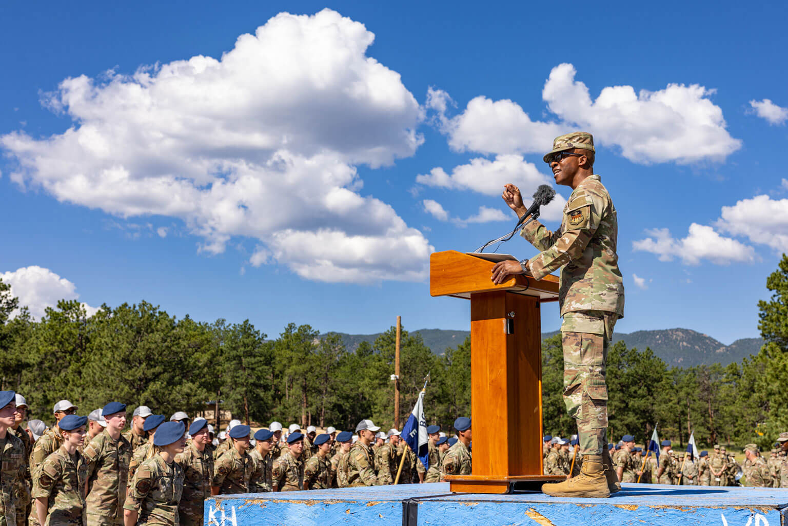 Commandant of cadets Brig. Gen. Gavin Marks addresses basic cadets from the Class of 2029 and cadet cadre on their first day at Jacks Valley at the U.S. Air Force Academy, Colo., July 13, 2025. During the two-week Jacks Valley phase of Basic Cadet Training, basic cadets complete intensive physical training to build resilience, teamwork and confidence. (U.S. Air Force photo by Jonathan Suni)