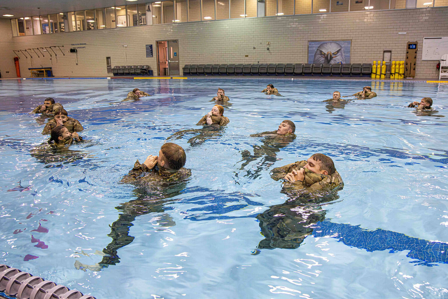 U.S. Air Force Academy cadets participate in a core physical education course at the Academy, Colo., Sept. 30, 2025. The training develops essential skills, such as water confidence, while also instilling the grit, resilience, and teamwork needed for future officers, aviators, and warfighters. (U.S. Air Force photo by Trevor Cokley)