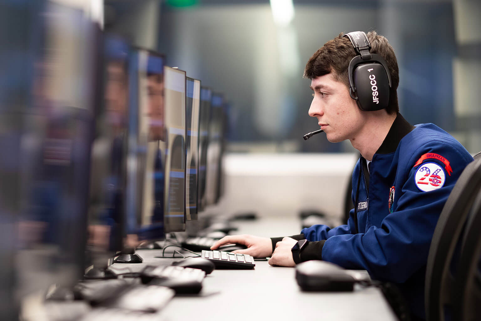 Cadet 1st Class Parker Fitzgerald reviews an exercise scenario in the Multi-Domain Laboratory, at the U.S. Air Force Academy, Colo., Jan. 14, 2026. The Cadet Military Education Training Plan requires first-class cadets to lead units in executing training missions. (U.S. Air Force photo by Ray Bahner)