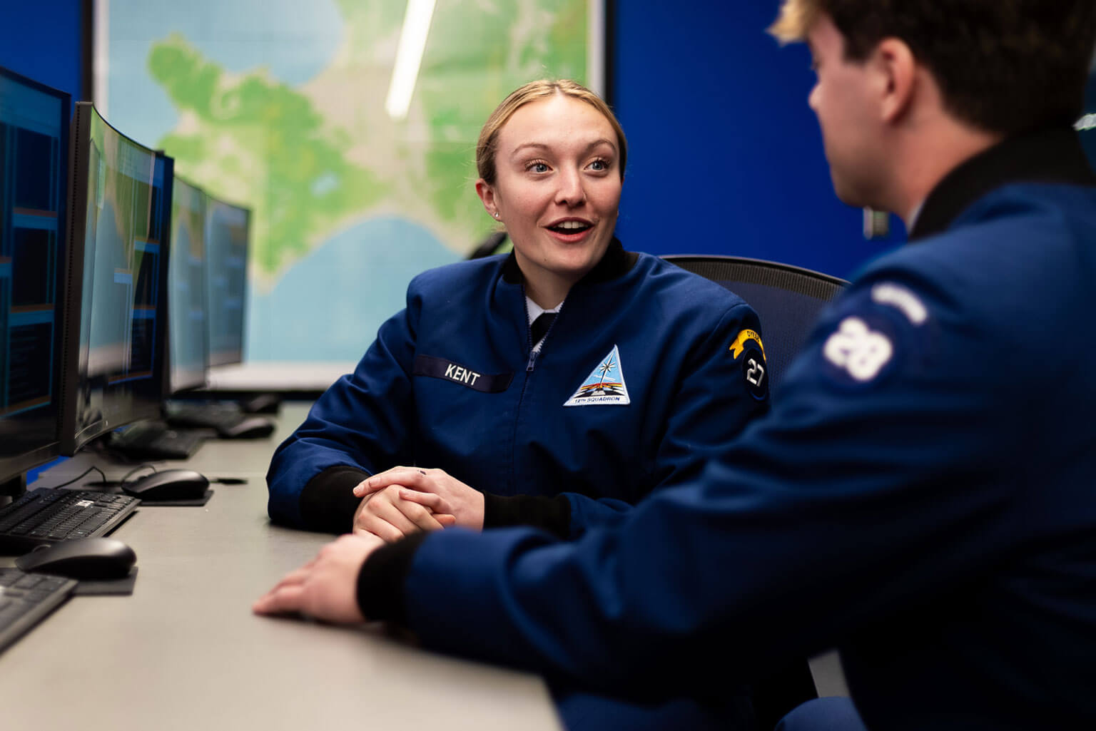 Cadet 2nd Class Sophie Kent, left, mentors Cadet 3rd Class Charles Arquette in the Multi-Domain Laboratory, at the U.S. Air Force Academy, Colo., Jan. 14, 2026. The Cadet Military Education Training Plan requires cadets to mentor underclassmen as part of their leadership development. (U.S. Air Force photo by Ray Bahner)