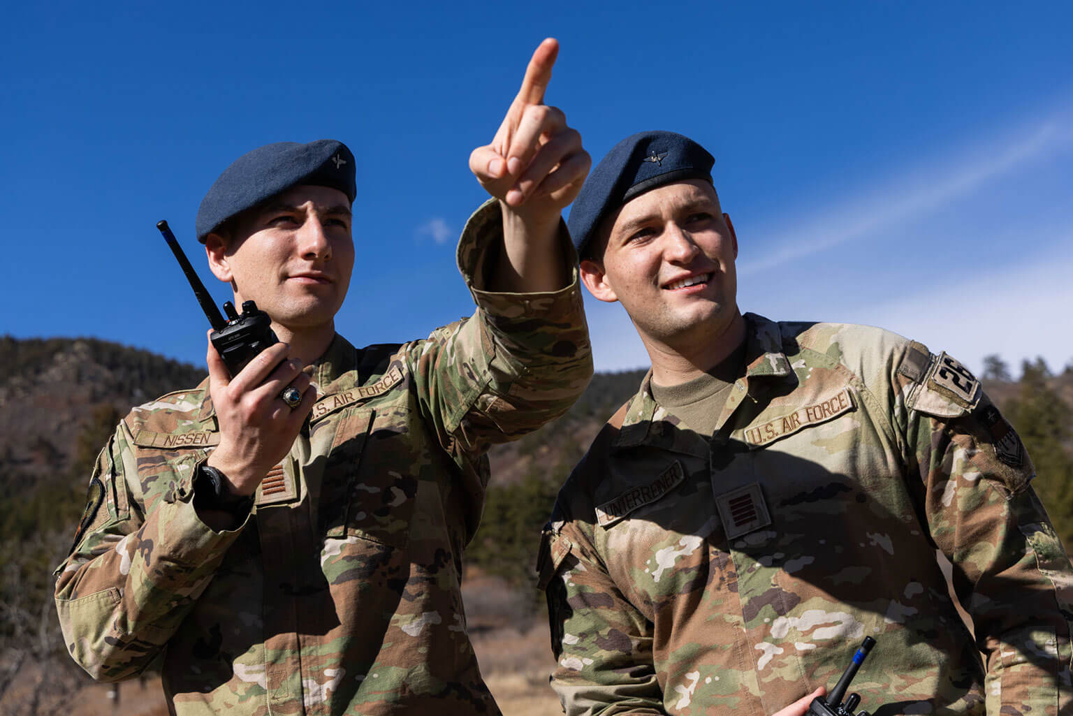 Cadets 1st Class Samuel Nissen and Gavin Unterreiner participate in small-unit tactics scenarios as the Cadet Wing conducts silver weekend Training at the U.S. Air Force Academy, Colorado, Feb. 7, 2026. The training reinforced foundational military skills and cadet-led competencies, including simulated weapons handling, land navigation, Tactical Combat Casualty Care and mission planning. (U.S. Air Force photo by Trevor Cokley)