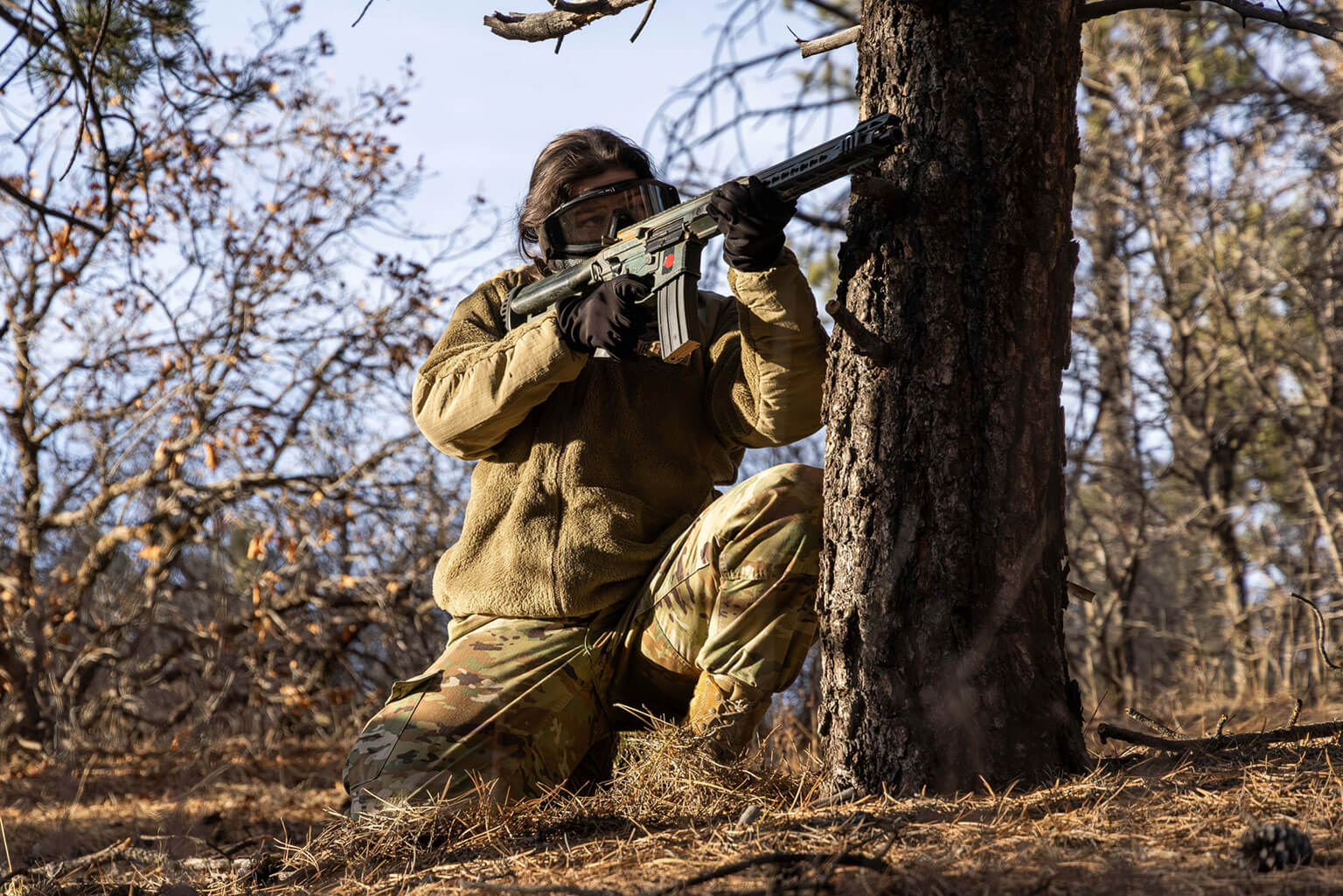 Cadet 1st Class Reilly Hill participates in small-unit tactics scenarios as the Cadet Wing conducts silver weekend Training at the U.S. Air Force Academy, Colorado, Feb. 6, 2026. The training reinforced foundational military skills and cadet-led competencies, including simulated weapons handling, land navigation, Tactical Combat Casualty Care and mission planning. (U.S. Air Force photo by Trevor Cokley)