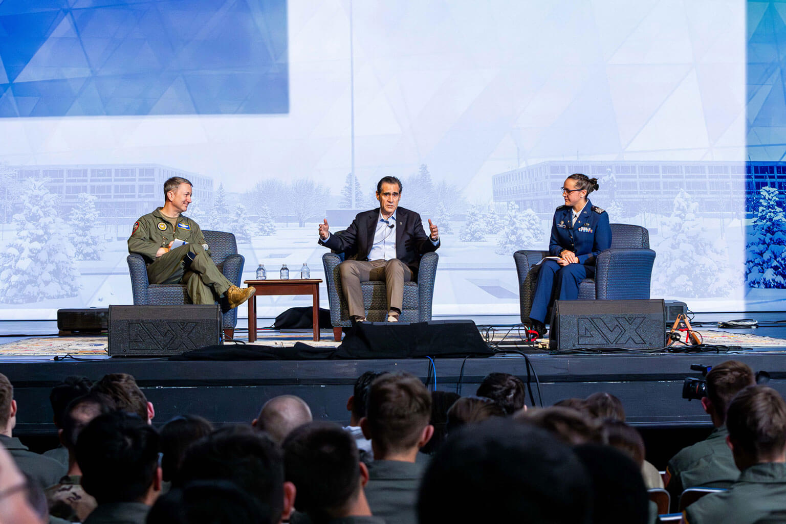 U.S. Air Force Academy cadets, staff, coaches and faculty attend the Class of ’59 Leadership Keynote with panelists Chairman of the Joint Chiefs of Staff Gen. Dan Caine and retired Lt. Gen. Marc Sasseville during the annual National Character and Leadership Symposium in Arnold Hall at the U.S. Air Force Academy, Colo., Feb. 20, 2026. Reflecting the theme, “Courage to Lead in the Profession of Arms: Combat & Crisis-Tested Character,” the symposium featured a warfighting-focused lineup of speakers. (U.S. Air Force photo by Trevor Cokley)