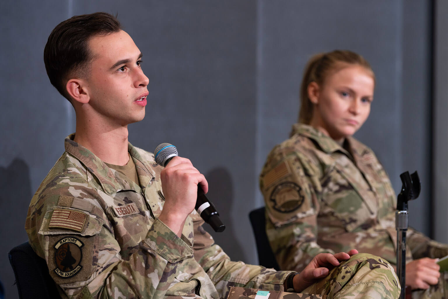 Then-Cadet Candidate Roman Bereguta, one of the Air Force’s 12 Outstanding Airmen of the Year for 2025, speaks during a panel at the National Character and Leadership Symposium at the U.S. Air Force Academy, Colo., Feb. 20, 2026. Bereguta, a prior-enlisted cadet candidate at the U.S. Air Force Academy Preparatory School, shared perspective from his enlisted career and deployment experience with the U.S. Air Force’s Task Force Grey Wolf. (U.S. Air Force photo by Ray Bahner)