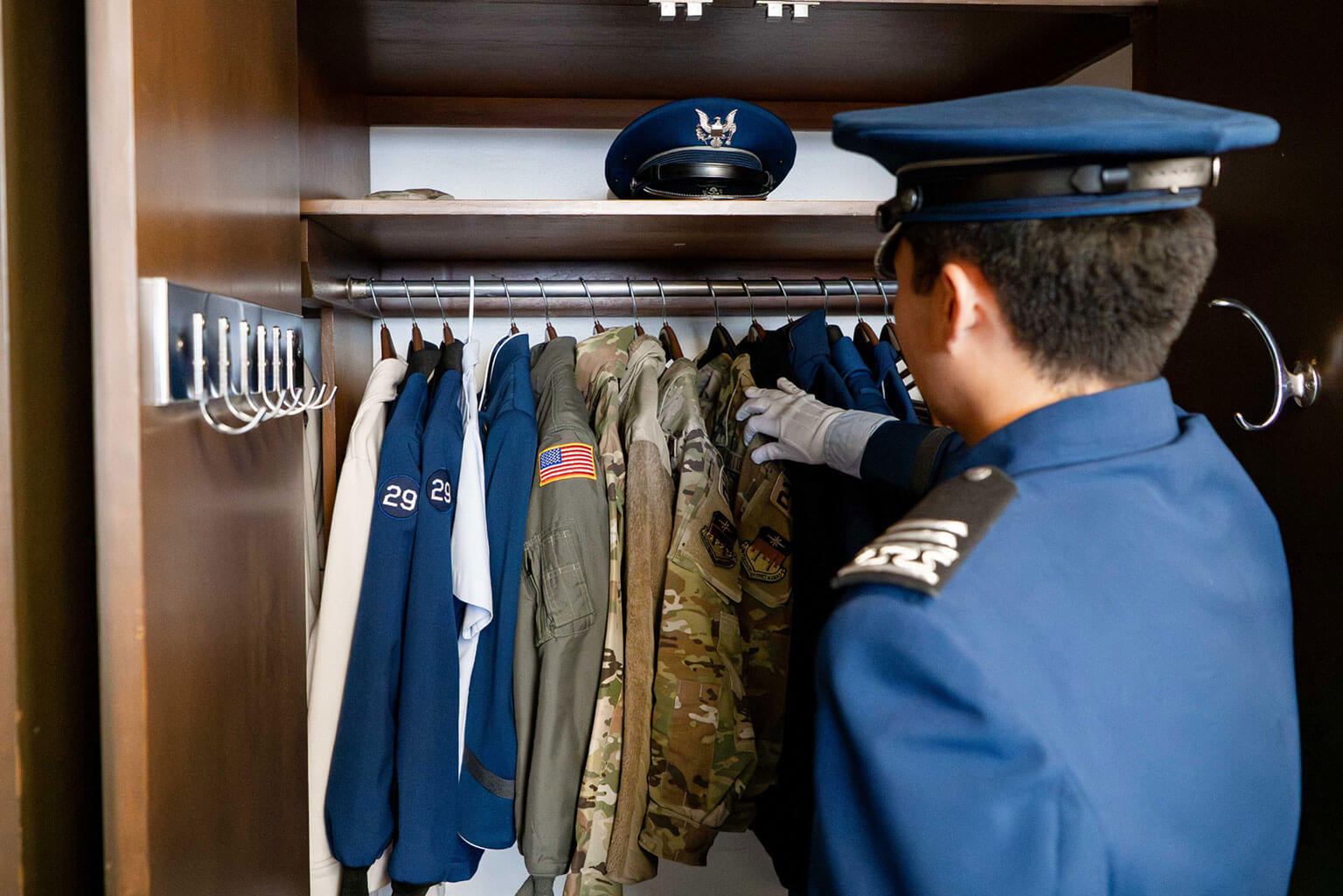 A cadet performs a Saturday A.M. Inspection inside Vandenburg Hall at the U.S. Air Force Academy, Colo., March 3, 2026. These assessments reinforce the discipline and responsibility essential to leadership roles. (U.S. Air Force photo by Dylan Smith)