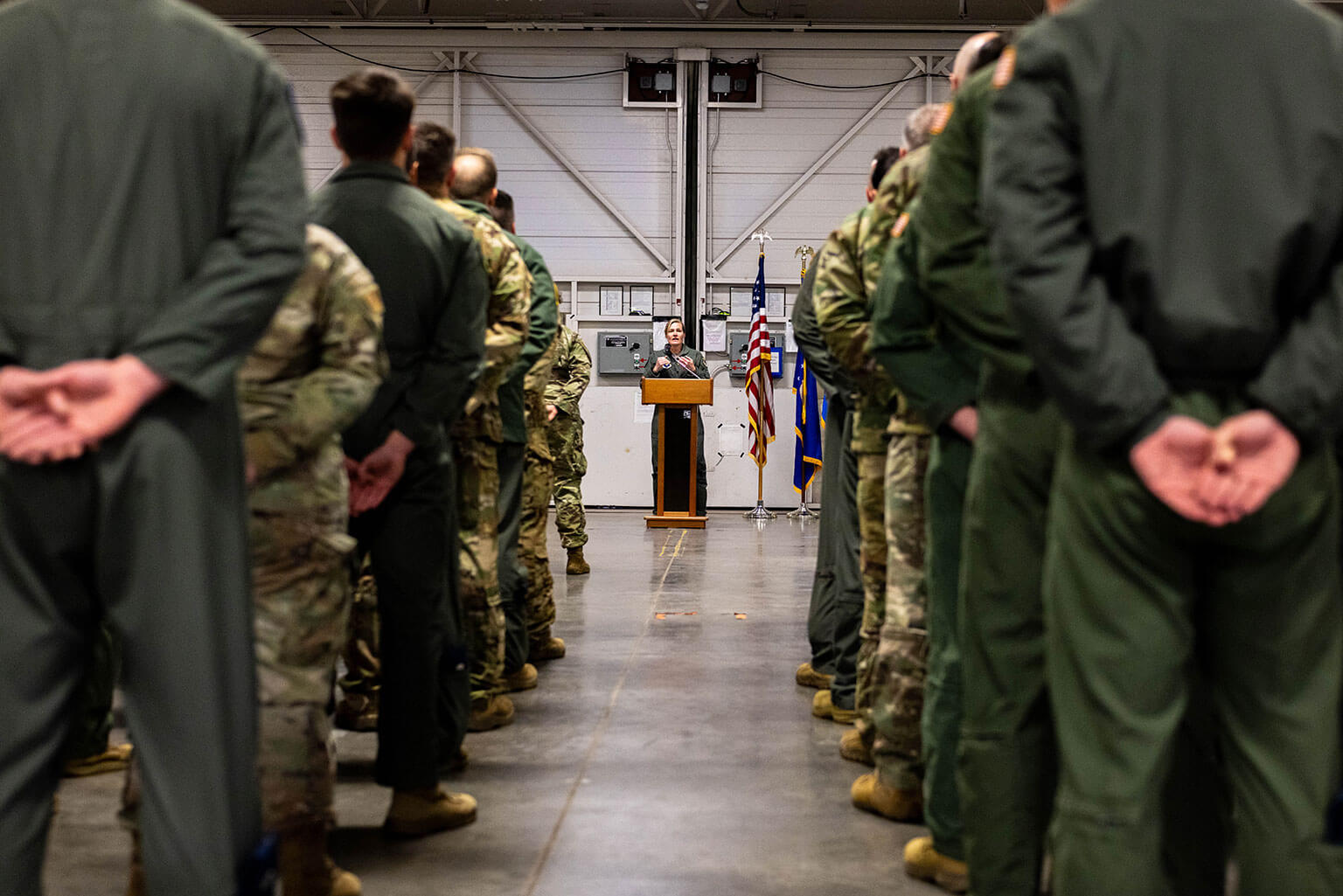 Col. Nancy Taylor, the 306th Flying Training Group commander, speaks during a patching ceremony held at Davis Airfield here April 1, 2026.  The 306th FTG provides soaring, powered flight, jump and overall Airmanship training to the Academy’s more than 4,000 cadets. (U.S. Air Force photo by Jonathan Suni)