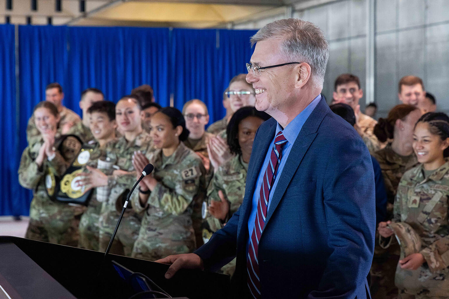 Secretary of the Air Force Troy Meink speaks to cadets and faculty at the U.S. Air Force Academy, Colo., April 13, 2026. During his two-day visit, Meink reinforced his priorities of modernization and readiness, and how the Academy is integral to meeting those goals. (U.S. Air Force photo by Trevor Cokley)
