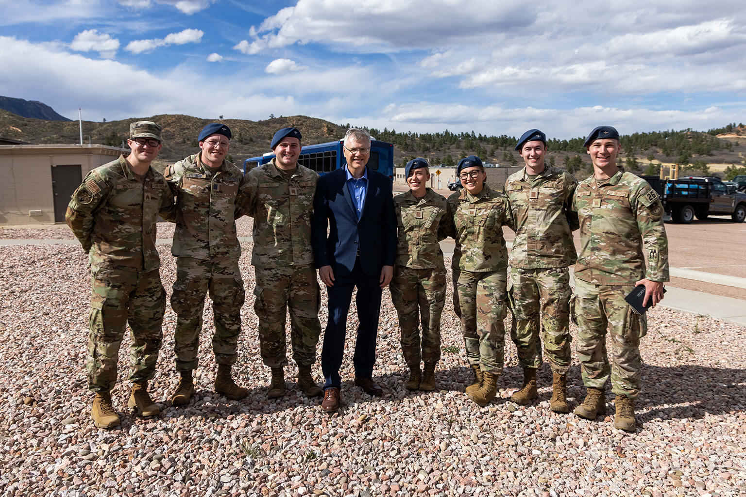 At center, Secretary of the Air Force Troy Meink poses for a group photo with cadets in Jacks Valley, U.S. Air Force Academy, Colo., April 13, 2026. Meink’s visit highlighted the Department of the Air Force’s high-level commitment to the Academy’s mission of developing leaders of character. (U.S. Air Force photo by Trevor Cokley)