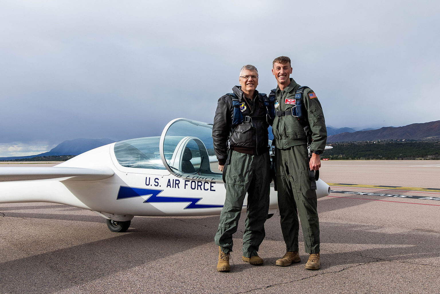 Secretary of the Air Force Troy Meink poses with Cadet Brennen Hughes at the U.S. Air Force Academy, Colo., April 14, 2026. The flight gave the Secretary a firsthand look at the Academy’s Airmanship program, which provides every cadet foundational aviation and leadership skills. (U.S. Air Force photo by Trevor Cokley)