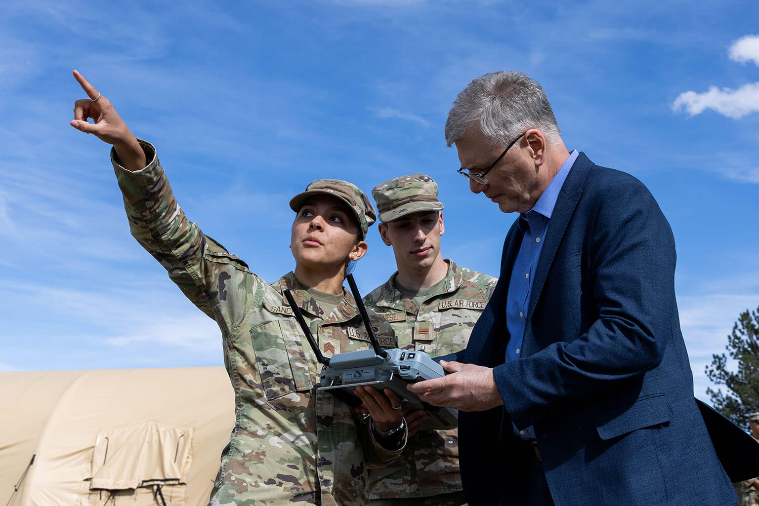 Cadets brief Secretary of the Air Force Troy Meink on drone operations during an upcoming exercise at Jacks Valley, U.S. Air Force Academy, Colo., April 13, 2026. Meink’s visit highlighted the Academy’s role as a force generation platform, uniquely equipped to forge leaders with the skills needed to fight and win the nation’s wars. (U.S. Air Force photo by Trevor Cokley)