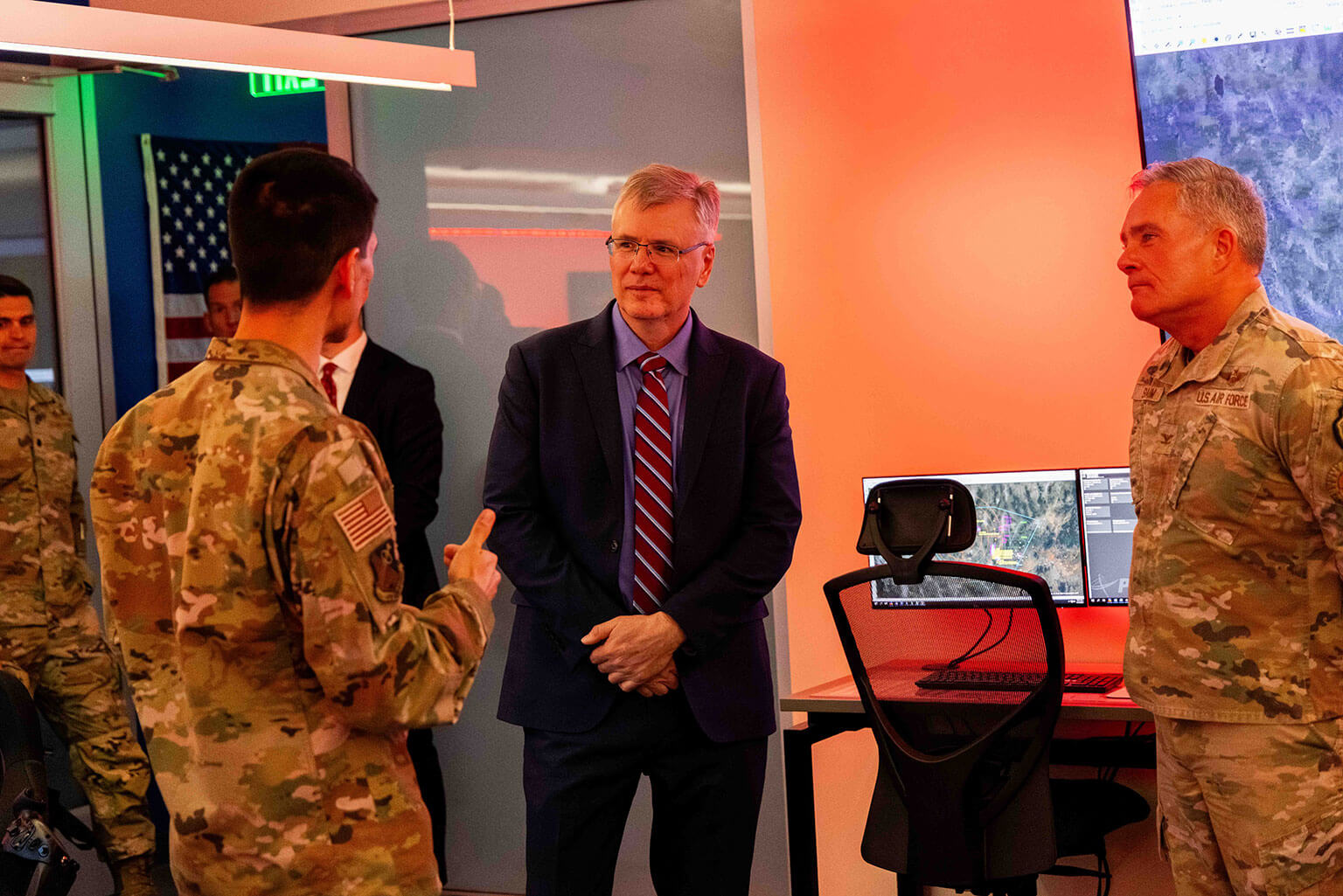 Secretary of the Air Force Troy Meink receives a tour of the Multi-Domain laboratory at the U.S. Air Force Academy, Colo., April 13, 2026. The visit showcased the Academy’s growing emphasis on cyber and technology education, which is critical to developing leaders prepared for future warfare. (U.S. Air Force photo by Trevor Cokley)