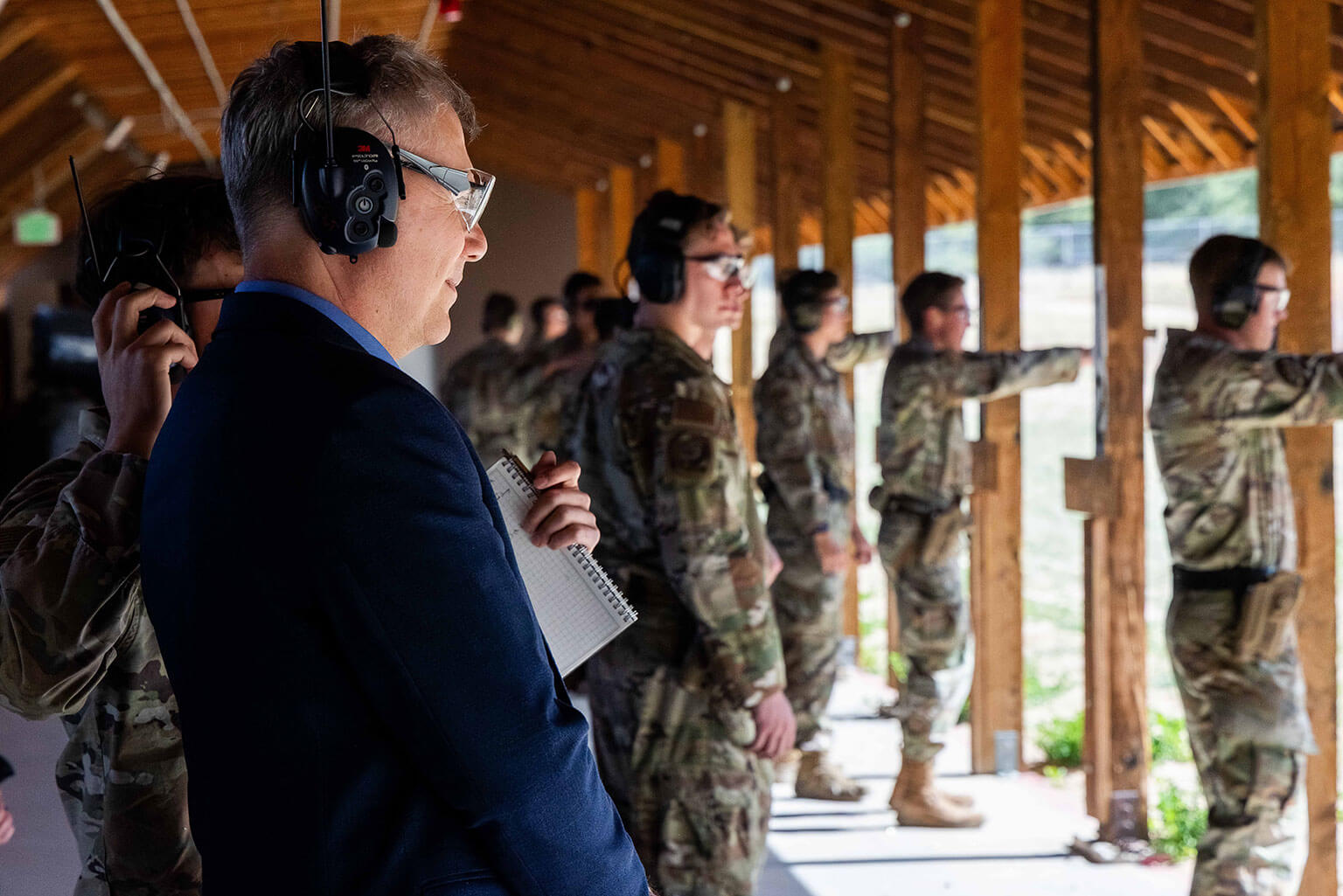 Secretary of the Air Force Troy Meink tours the Combat Arms training range in Jacks Valley, U.S. Air Force Academy, Colo., April 13, 2026. The visit to the rugged outdoor training area affirmed USAFA’s commitment to developing fundamental warfighter qualities like physical and mental resilience and leadership in the next generation of officers. (U.S. Air Force photo by Trevor Cokley)
