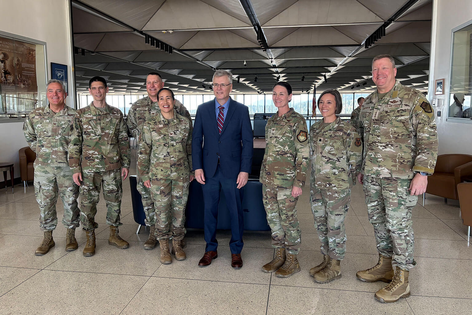 Secretary of the Air Force Troy Meink poses with U.S. Air Force Academy leadership and high performers at the U.S. Air Force Academy, Colo., April 13, 2026. Meink recognized two high performers during his visit: Col. Candice Pipes, director of admissions, and Col. Jennifer Hall, director of operations, for the Academy’s spring culminating exercise, a capstone event that will test the entire 4,000-member Cadet Wing in a simulated, multi-domain, joint warfighting environment. (U.S. Air Force courtesy photo)