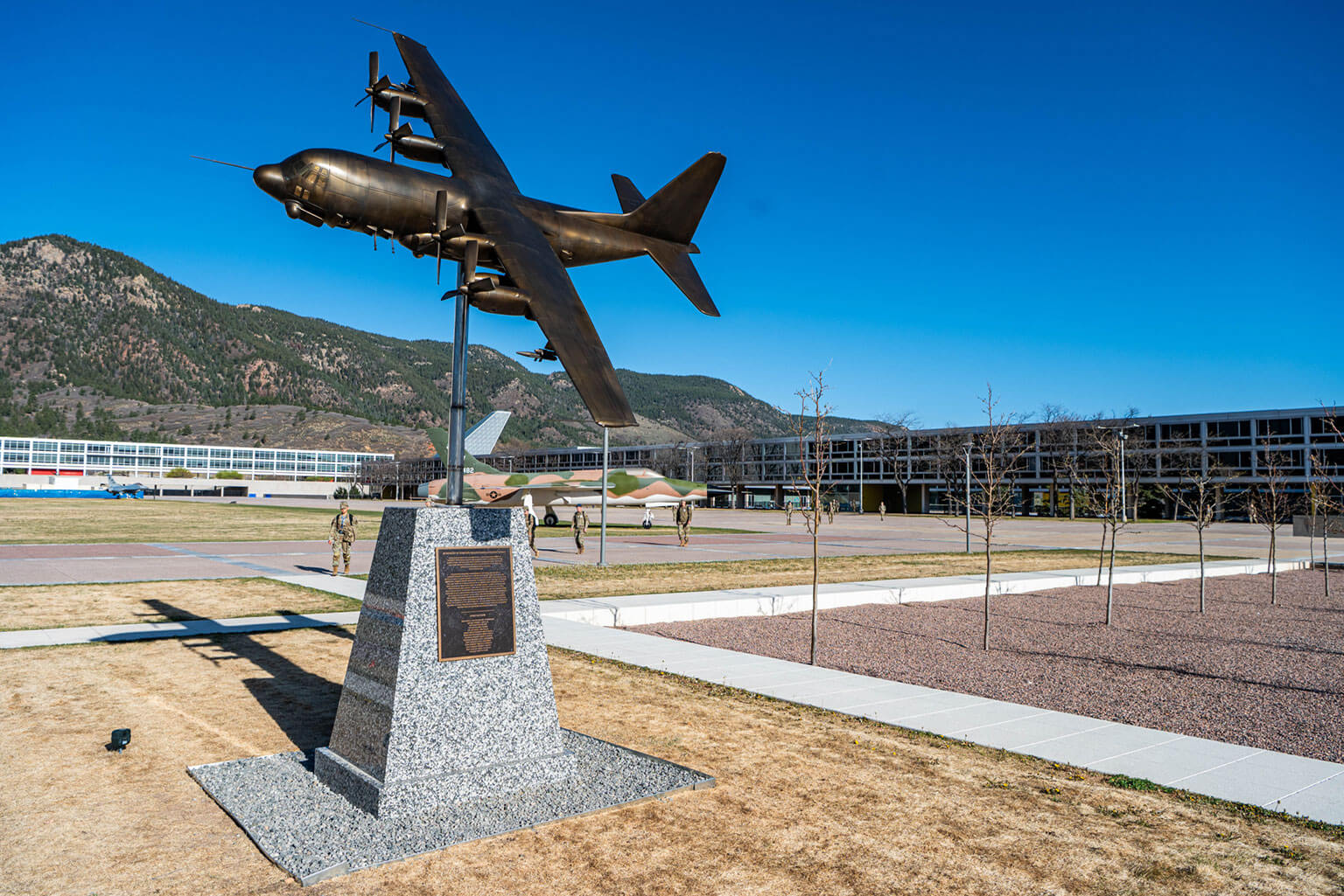 The AC-130 statue is now located in the Air Garden on the Terrazzo. The Academy is relocating statues and memorials to increase visibility for the cadets and for the public. (U.S. Air Force photo by Jonathan Suni)