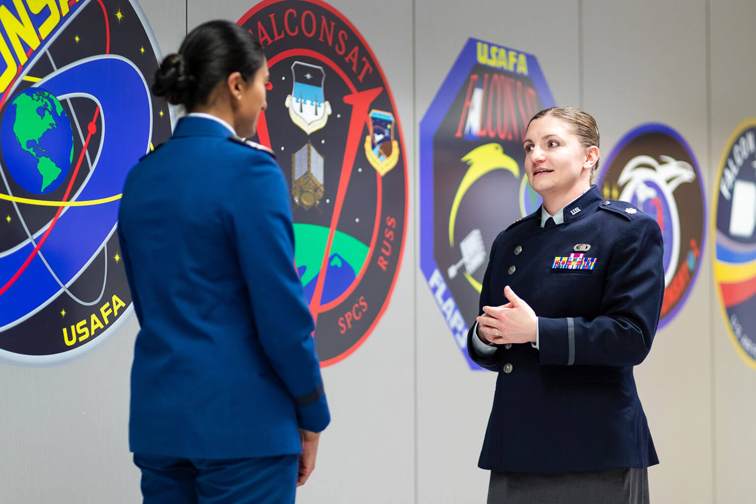 Cadet 1st Class Keerthana Avvaru, left, receives feedback from Maj. Julia Bell in the <a href=