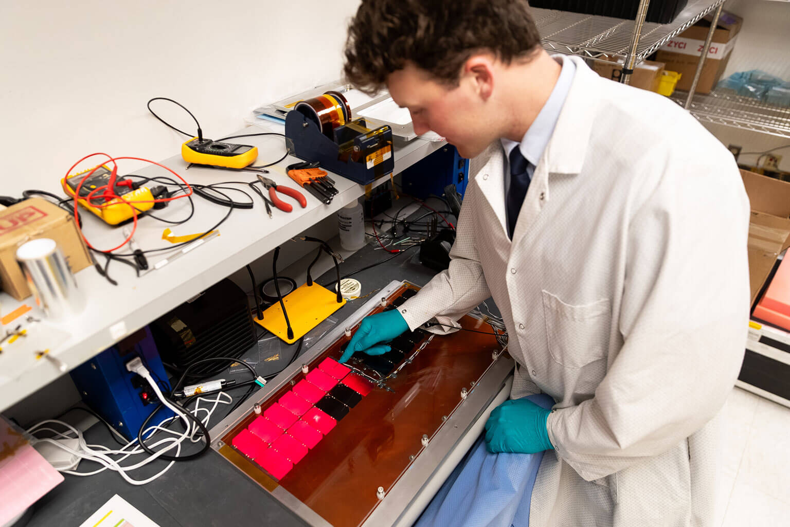 Cadet 1st Class Giorgio Simoncioni tests a solar array in the Space Systems Research Center at the U.S. Air Force Academy, Colo., May 6, 2026. The array will help power future FalconSAT program missions. (U.S. Air Force photo by Ray Bahner)