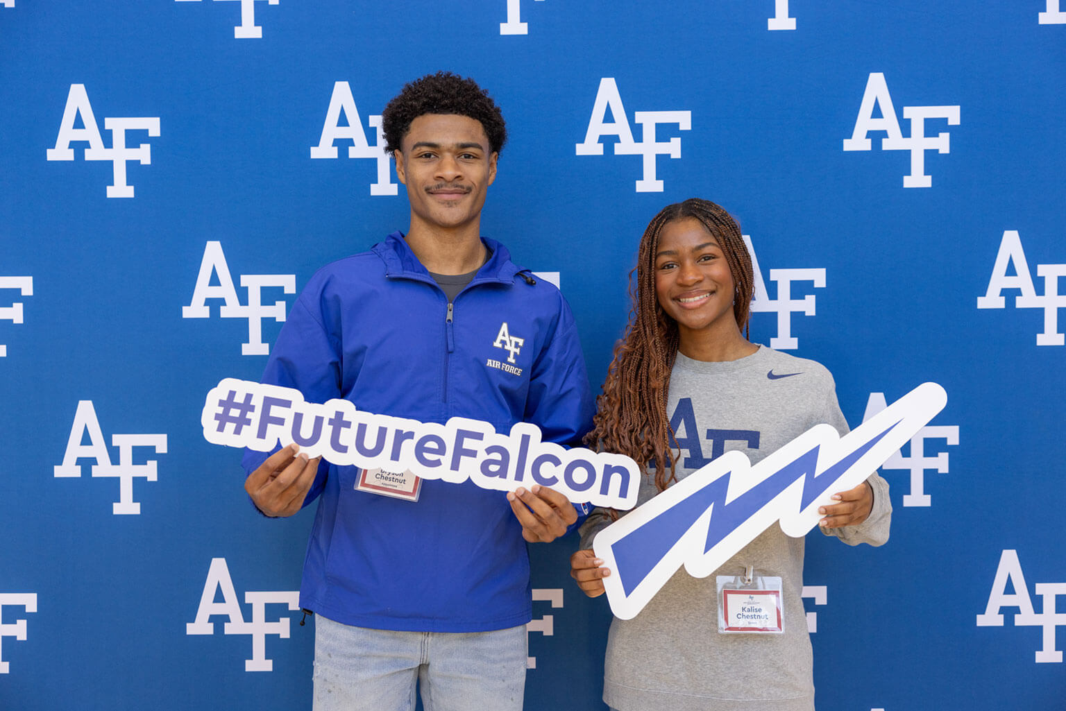 Bryson Chestnut and Kalise Chestnut pose for a photo after receiving appointments to the U.S. Air Force Academy during an event at the Academy, Colo., April 12, 2026. The high school students are among the next generation of cadets selected to join the Academy and begin the journey toward becoming Air Force and Space Force officers. (U.S. Air Force photo by 2d Lt Isabella Salas)