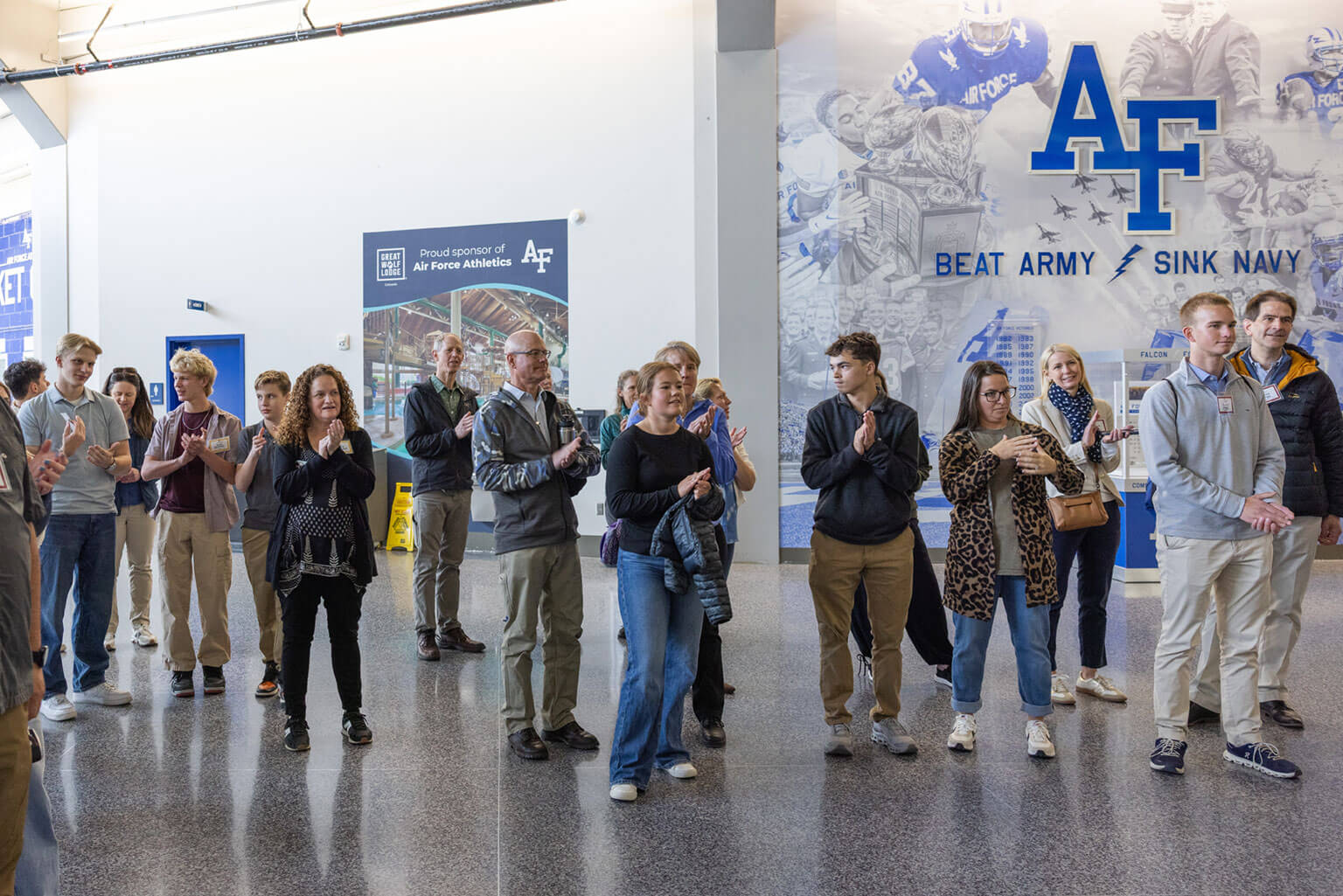 Appointees and their families tour Clune Arena during an appointee event at the U.S. Air Force Academy, Colo., April 24, 2026. The Academy hosted the event to help prospective cadets and their families explore academic, military and athletic opportunities available at the institution. (U.S. Air Force photo by 2d Lt Isabella Salas)