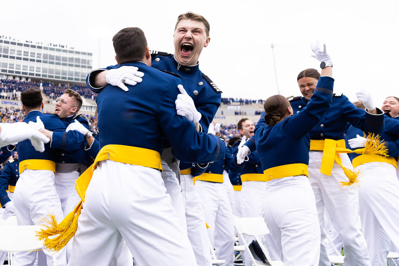 Cadets celebrate at the U.S. Air Force Academy Class of 2026 graduation ceremony at Falcon Stadium May 28, 2026. Class of 2026 stats show 457 graduates were selected to attend pilot training, one of several career paths available to newly commissioned officers. (U.S. Air Force photo by Ray Bahner)