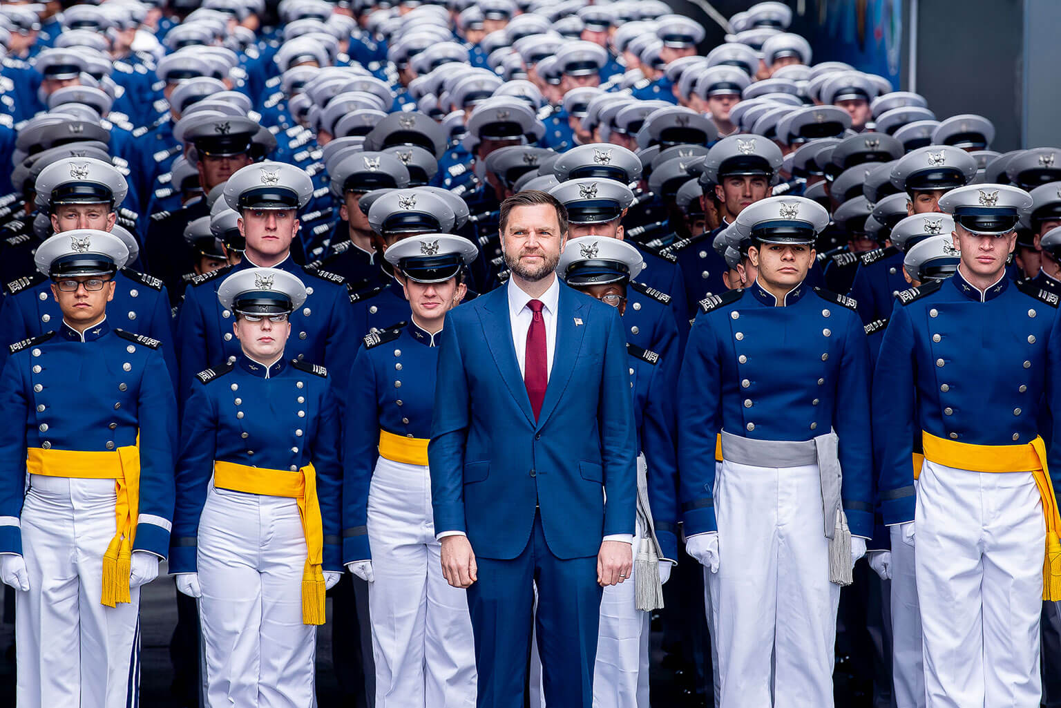 Vice President of the United States JD Vance waits with Air Force and Space Force cadets at the beginning of the class of 2026 graduation ceremony held at Falcon Stadium, U.S. Air Force Academy Colo., May 28, 2026. During the 2026 graduation ceremony, over 900 cadets crossed the stage to become second lieutenants, stepping forward as mission-ready warfighters prepared to lead on Day One. (U.S. Air Force photo by Jonathan Suni)