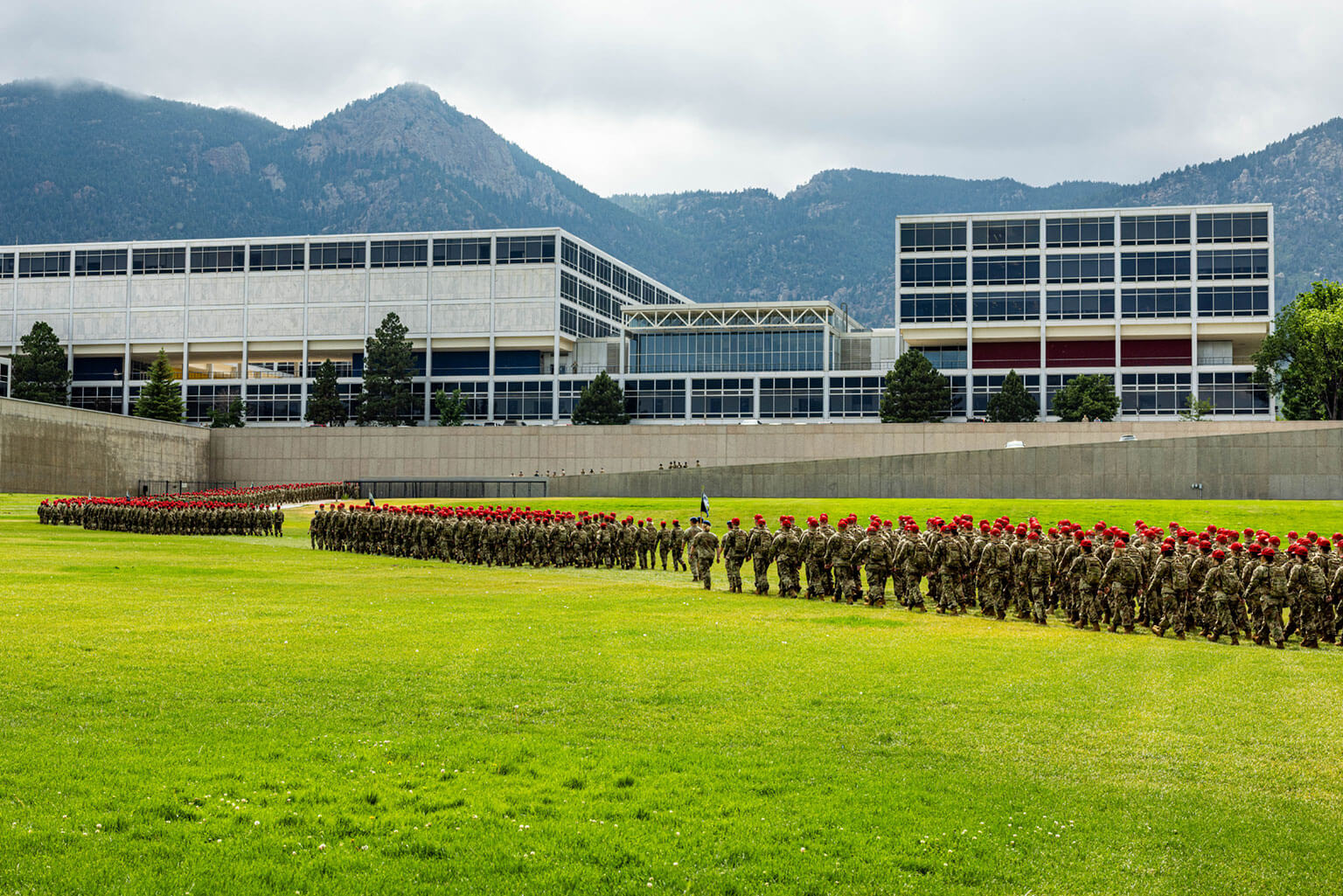Basic cadets march by squadron from Stillman Field back to the Cadet Area following the swearing-in ceremony at the U.S. Air Force Academy, Colo., June 25, 2026. Class of 2030 in-processing stats show 97% of the class participated in varsity athletics and 87% earned an athletic letter in one or more sports. (U.S. Air Force photo by Johnathan Suni)